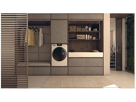 Lave-linge séchant HAIER HWD80-BP14929A-S, chargement frontal, capacité de lavage 8 kg, capacité de séchage 5 kg, 15 programmes, profondeur 53 cm, blanc, classe énergétique A + lot de 4 pieds anti-vibrations KOENIC pour lave-linge + parfum MELICONI ECO PARFUM MUSC FRAIS