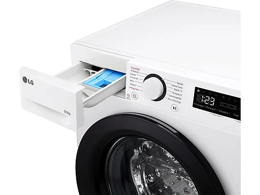 Lave-linge séchant LG AI DD D4R3009NSWB f Lave-linge séchant LG AI DD D4R3009NSWB, chargement frontal, capacité de lavage 9 kg, capacité de séchage 6 kg, 12 programmes, profondeur 56,5 cm, blanc, classe énergétique A + lot de 4 pieds anti-vibrations KOENIC pour lave-linge + désodorisant d'intérieur MELICONI ECO PARFUM FRESH MUSK