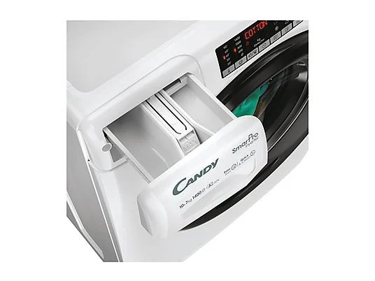 Laveuse-sécheuse CANDY CSOW41076TWMB8-S, chargement frontal, capacité de lavage 10 kg, capacité de séchage 7 kg, 17 programmes, profondeur 58 cm, blanc et noir, classe énergétique A + lot de 4 pieds anti-vibrations KOENIC pour lave-linge + désodorisant d'intérieur MELICONI ECO PARFUM FRESH MUSK