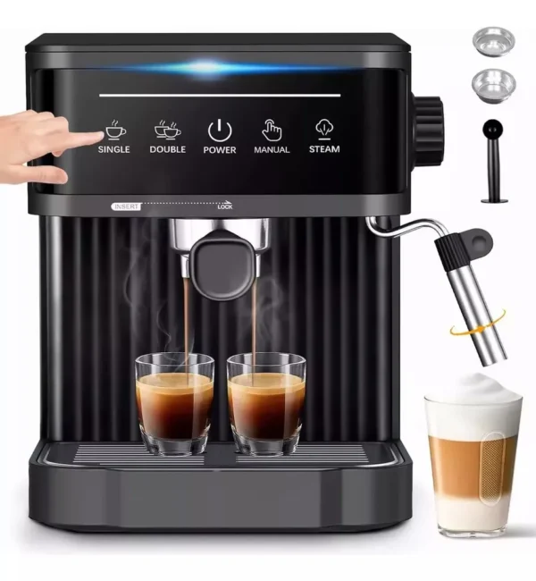 Machine à expresso semi-automatique ZELURXX 20 bars, écran tactile, mousseur à lait, réservoir d'eau de 1,8 litre, pour expresso et cappuccino, noire